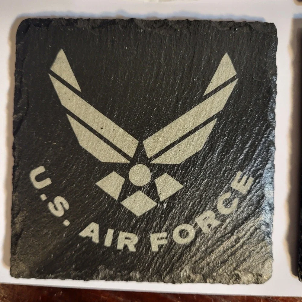 US Military Slate Coasters Set Navy Marine Corps Air Force Etched Black Stone